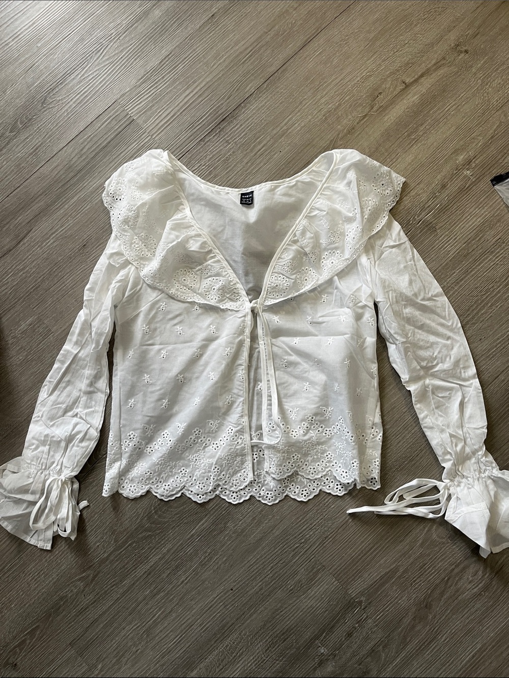 SHEIN White Eyelet Ruffle Tie-Front Blouse